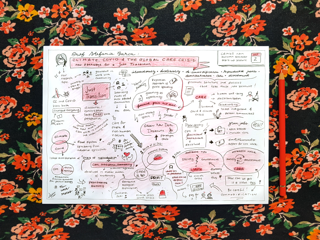 Graphic recording of the lecture on "Climate, covid , and the global care crisis"